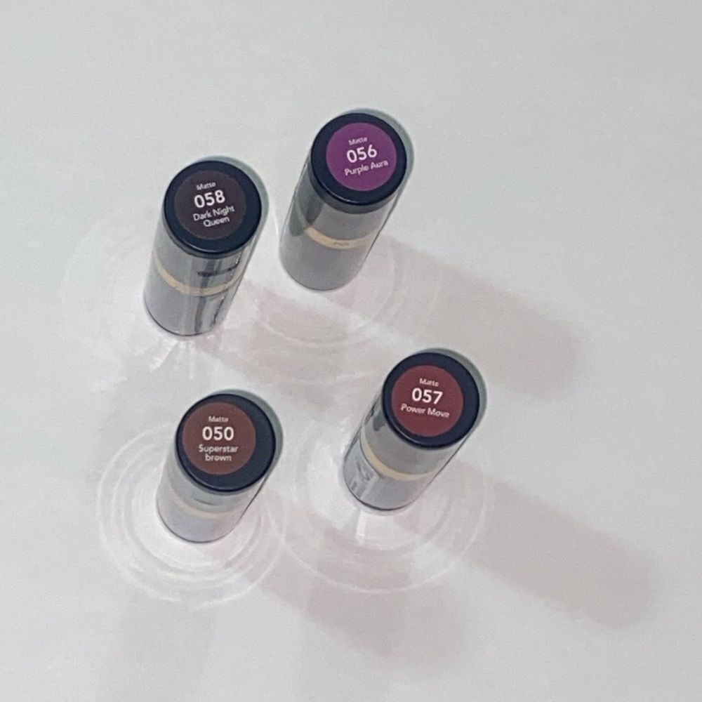Revlon Matte Lipstick Set 4 Dark Night, Purple Aura, Superstar Brown, Power Move